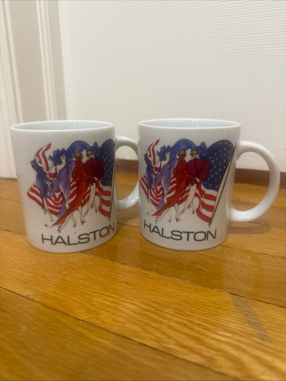 Vintage 1992 Halston Heritage White Patriotic Flag Ceramic Mug set of 2